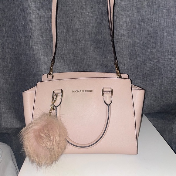 Michael Kors Selma Pink Leather Satchel Purse w/ Wallet & Real Rabbit Fur Charm - Picture 2 of 10